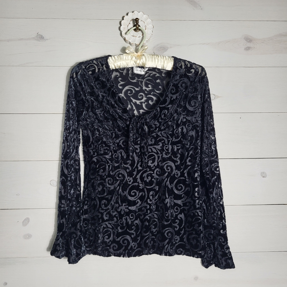 Burnout Top Fairy Goth Sheer Velour Floral Bell Sleeves Y2k.